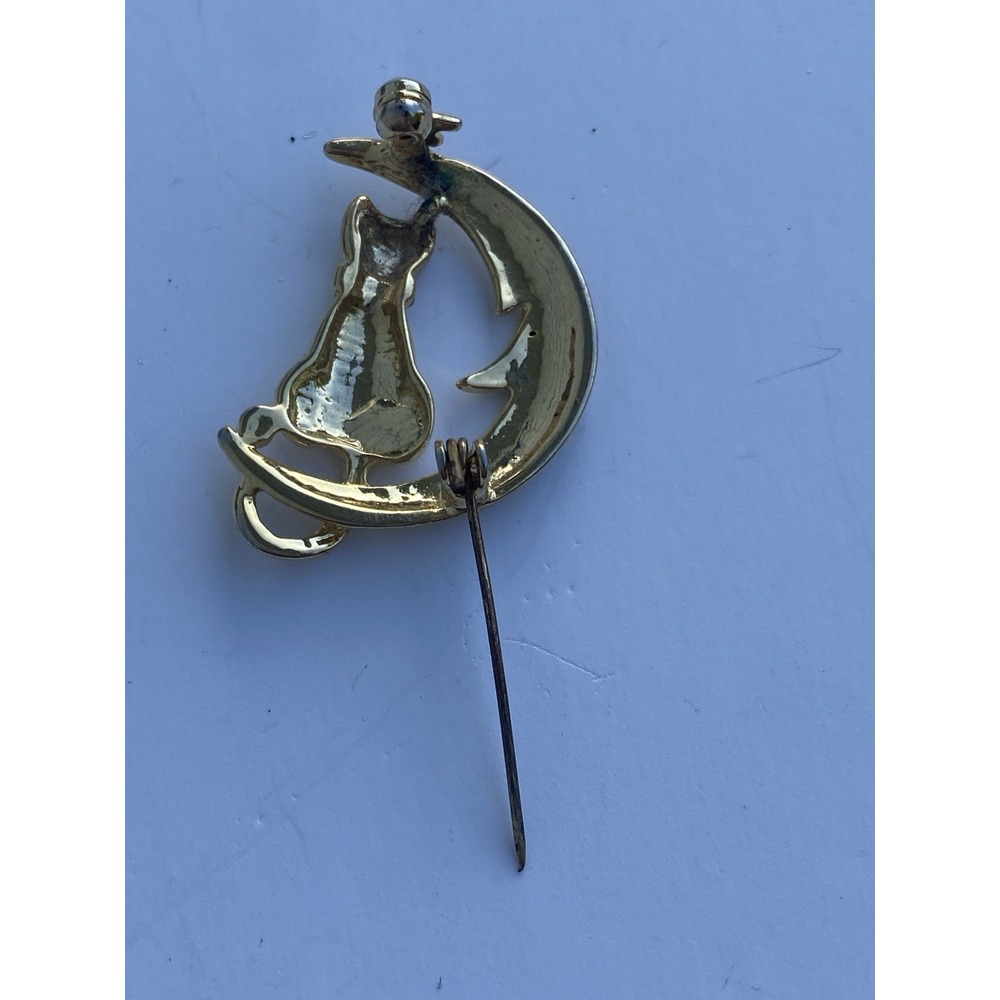 VTG Gold-Tone Cat sitting on Crescent Moon Brooch Pin with Rhinestone Accents - Picture 3 of 3
